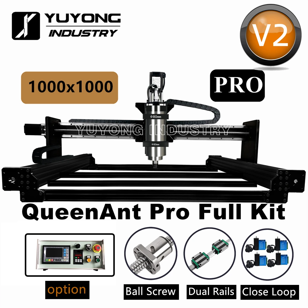 

Black 1010 QueenAnt PRO V2 16mm Big Diamater Ball Screw CNC Full kit Linear Rail upgraded precise CNC router Engraving machine