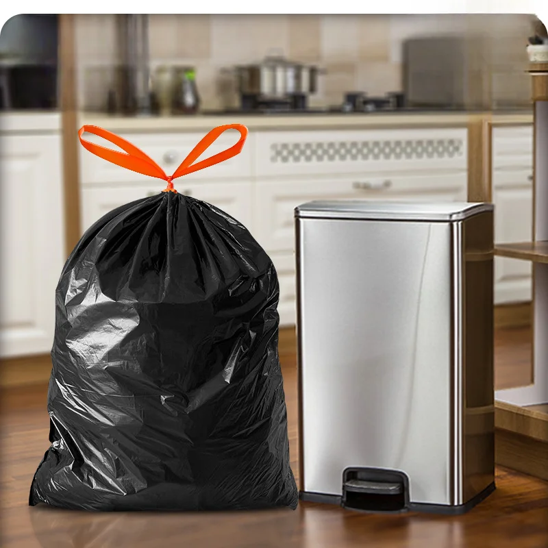 Trash Bags 60/100L Large Kitchen Waste Garbage Bag 1 Roll With 15 Black Thick Hand Held Disposable Environmental Drawstring Garbage Bags