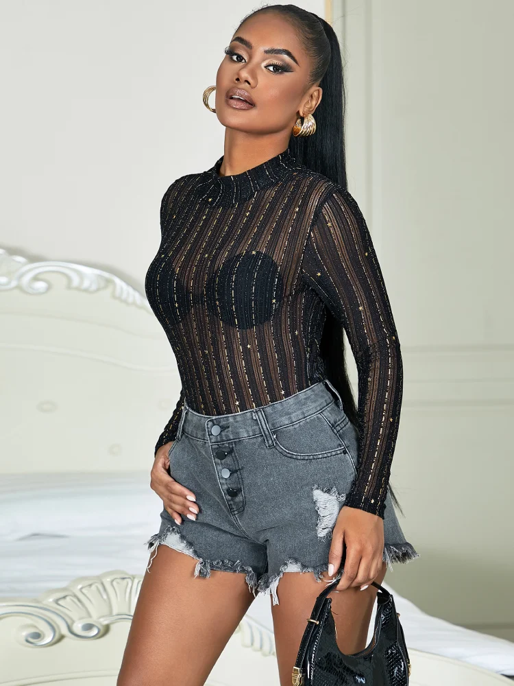 

Comeondear Black Bodysuit Mesh Leotard Transparent Rompers Crotchless Lingerie Long Sleeve Stripe Jumpsuit Sexy Oversized Pajama