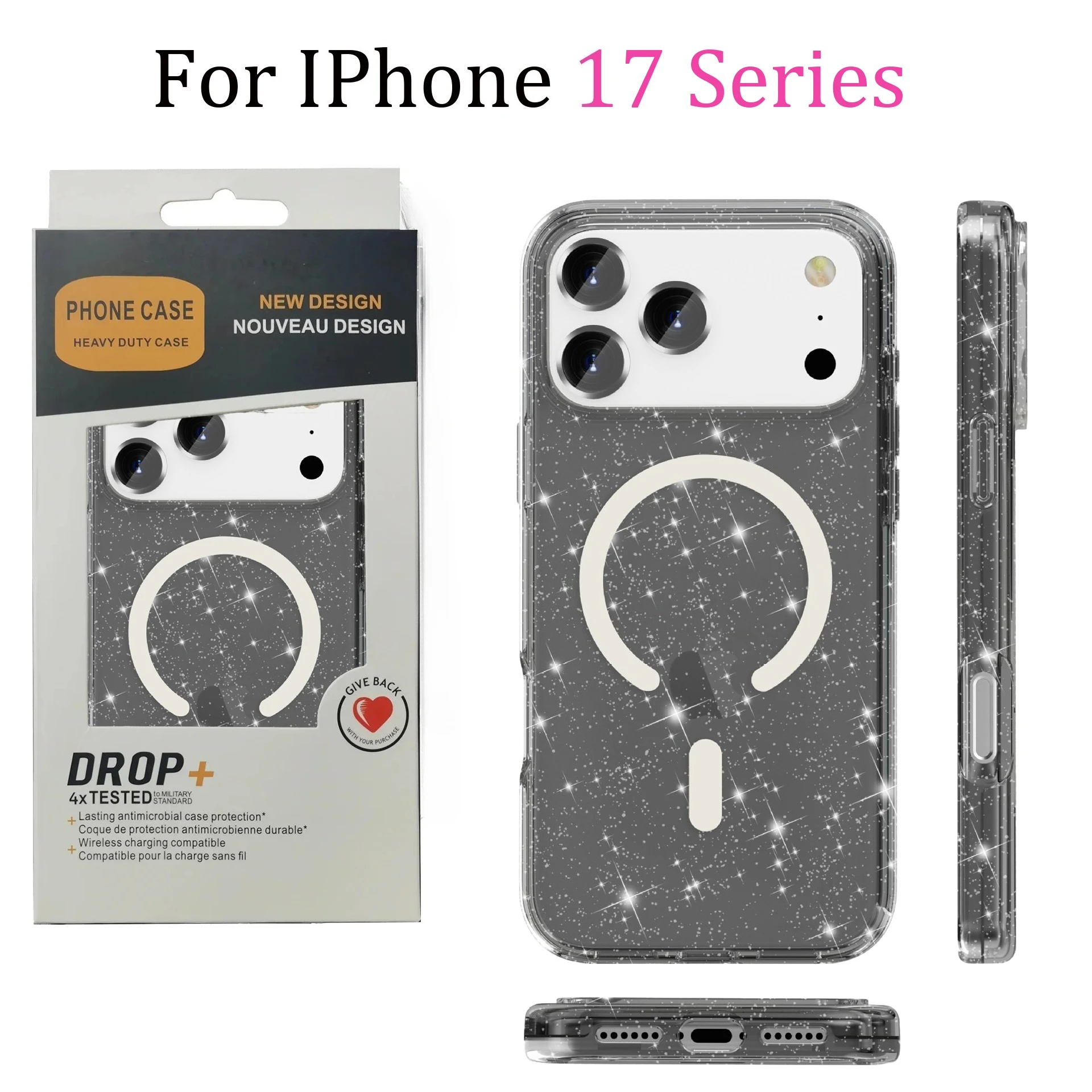 Glitter Transparent Shockproof Armor Case with Wireless Charging Compatibility