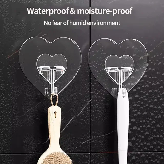 Crochets transparents en forme de cœur, support de cintres d'amour en plastique sans poinçonnage, porte-clés auto-adhésif, porte-serviettes, crochets polyvalents, support de rangement 3