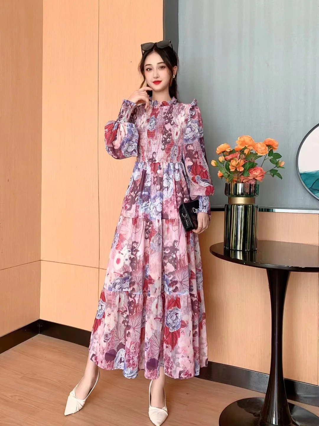 2024 Muslim Turkey Spring Autumn Women Long Sleeve Dress Sweet Flowers Print  Chiffon Long Dress Holiday Dress