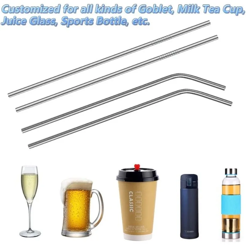 Durable Stainless Steel Reusable Metal Straws with Cleaning Brush for Milkshakes, Bubble Tea, and Smoothies