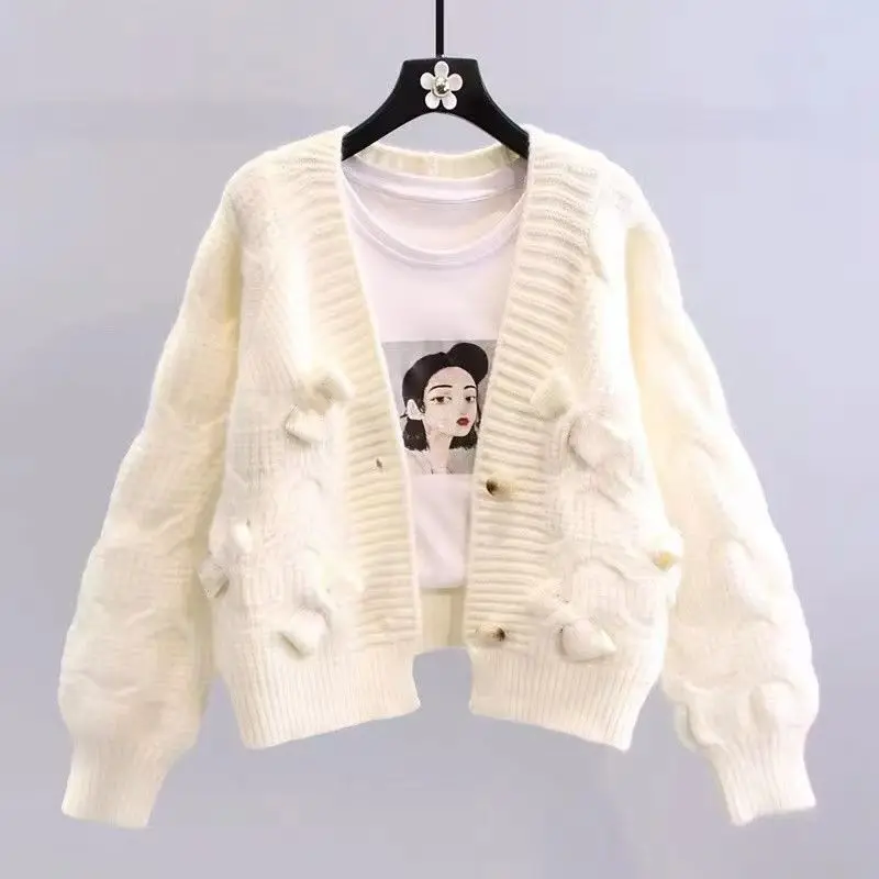 Elegant Winter Coat New In Korean Style Women's Clothing Sweet Bow Knitwear Long Sleeve Top Sweater Cardigan Casual Outerwears