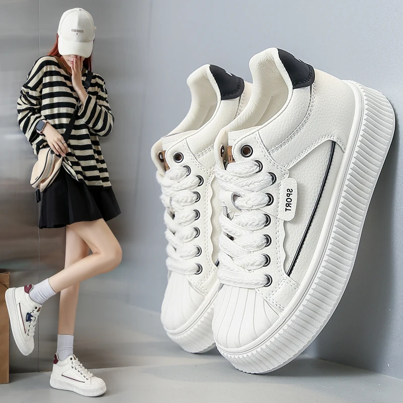 New Women's Fashion Casual Thick Soled Sneakers White Sports Tie Up Women Board Shoe Platform Shell Toe Designer Shoes