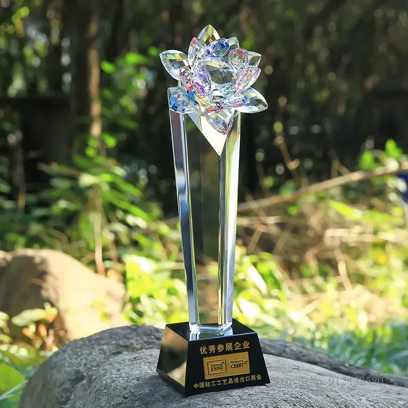 Customized Colorful Lotus Shaped Crystal Trophy, Lettering, Enterprise Staff Award Souvenir, Home Decor Gifts, High-grade, 1Pc