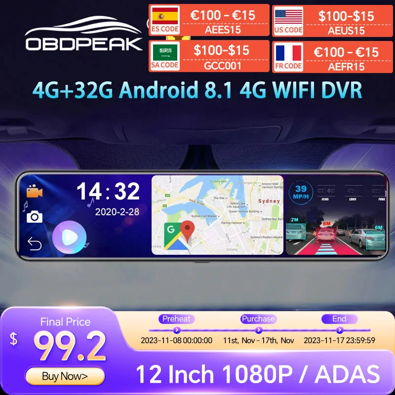 Obepeak D91 12 "Car Dvr Specchietto Retrovisore 4G Android 8.1 Dash Cam Navigazione Gps Adas Full Hd 1080P Videoregistratore Per Auto Dvr
