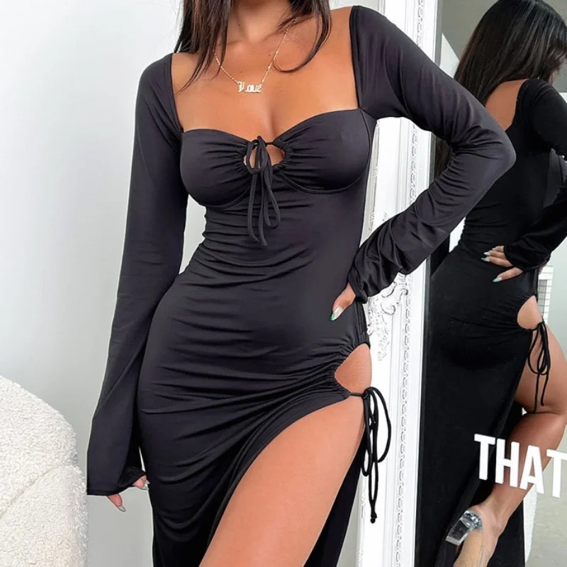 Autumn/Winter Women's New Long Sleeve Dress Lace up Slim Fit Open Back Bodycon Long Dress Party Club Clothing