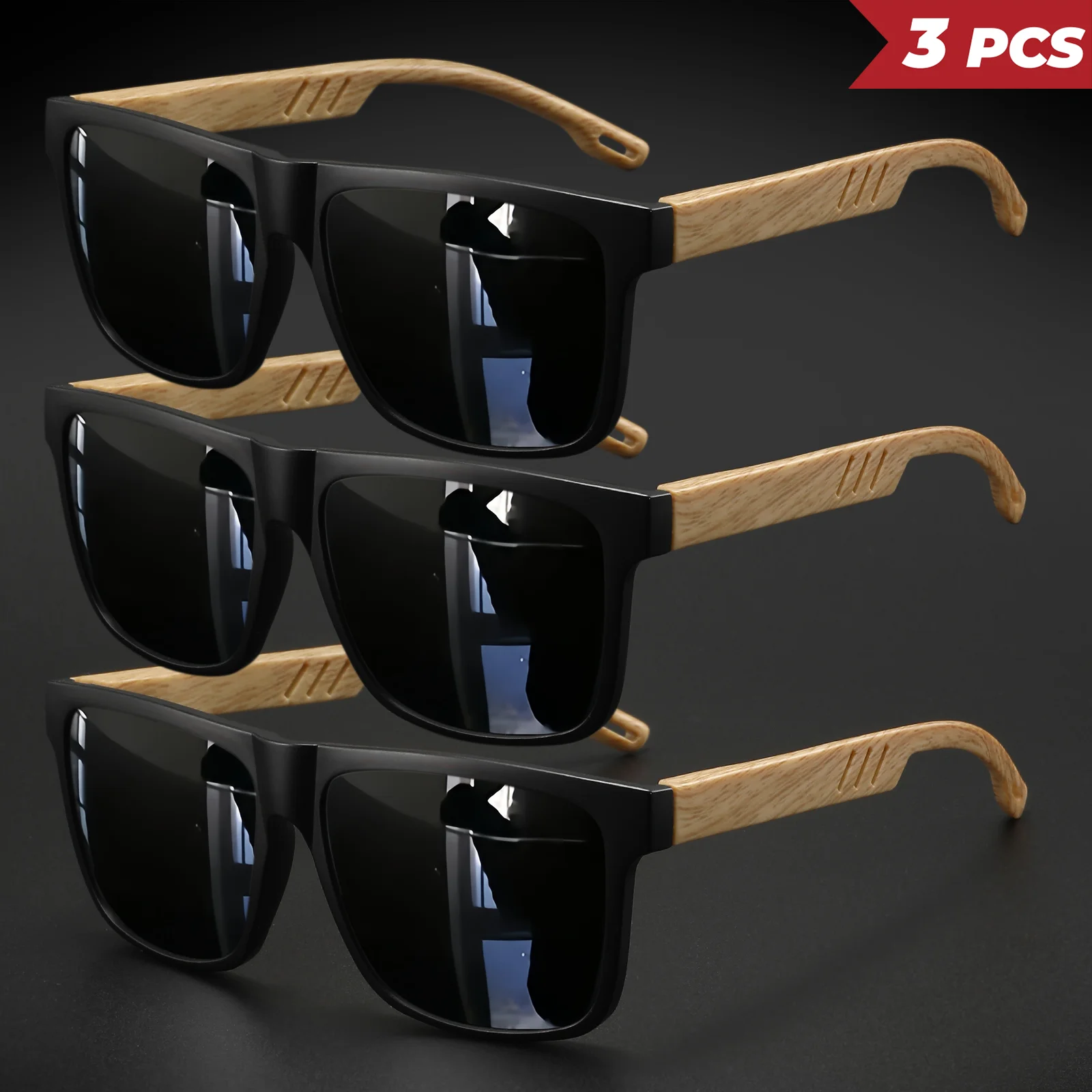 3PCS neue modische quadratische Sonnenbrille – Federscharnier mit Holzmaserung, UV400 Unisex zum Fahren, Wandern und Reisen – Detail 15