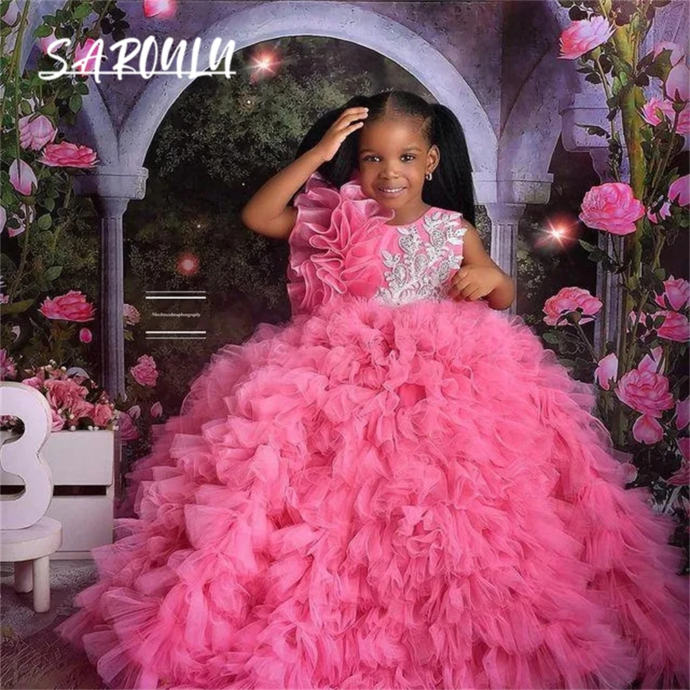 Luxury Pink Organza Pageant Quinceanera Dresses for Little Girls Halter 3D Floral Flowers Lace Flower Girl First Communion Dress