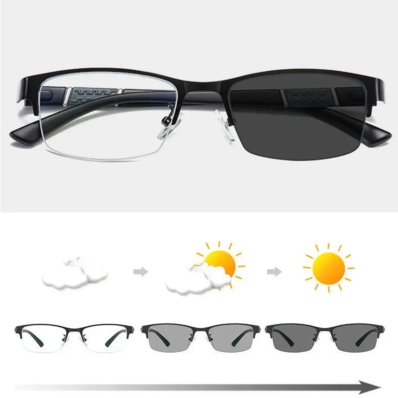 Business Men's Photochromic Myopia Glasses Unisex Half Frame Square Near Sight Eyeglasses Optical Prescription Minus Eyewear myopia glasses