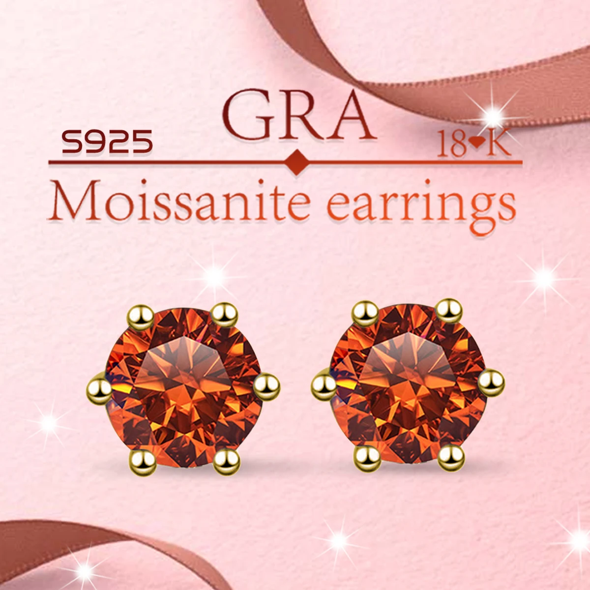 

S925 Silver plated Platinum and Golden A pair of orange GRA moissanite six-prong stud earrings Simple fashion women's earrings