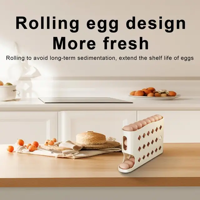 혁신적인 슬라이드 에그 디펜서로 냉장고를 정리하고 신선한 계란을 항상 손이 닿는 곳에 보관하세요.