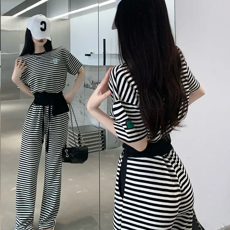 Casual Summer Suit T-shirt Stripes Women Trousers Hot 2023 Wide Leg Chic Sports High Waist New hozuhou vintage y2k baggy jeans women grunge hippie american retro high street oversized denim trousers kpop fashion wide chic