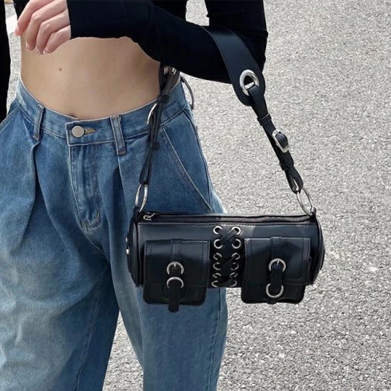 

Крутая черная сумка на плечо для женщин, сумочка из искусственной кожи для подмышек с продвинутым ремешком, дизайнерская Повседневная Сумка-тоут для девушек с барабаном