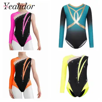 Teens Gradient Gymnastics Leotard Ballet Dance Performance Costume Kids Girls Long Sleeve Rhinestones Figure Skating Bodysuit 1