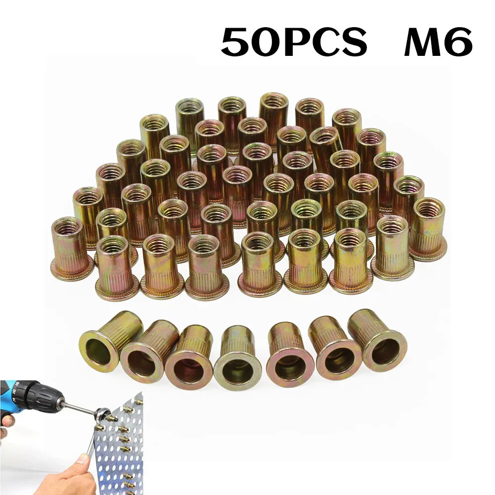 50 X M6 Nutserts Rivet Nuts Flange Blind Rivnuts Zinc Plated Steel Nut Nutsert Plated Flat Head Threaded Insert Nut Kit