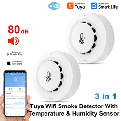 Wi-Fi & Bluetooth Smart Smoke Detector with Temperature & Humidity Sensor - 80dB Alarm & Remote Alert (2pcs)