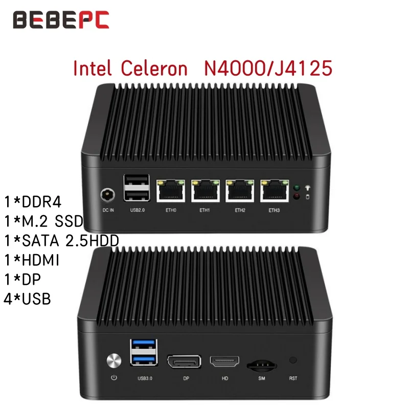 BEBEPC Mini PC 4 LAN 2.5G Fanless Celeron J4125 N4000 DDR4 Firewall Pfsense Computador Windows 10 Linux Ubuntu Router WIF minipc ycsd fanless mini pc intel pentium 3805u core i7 4500u windows 10 7 linux thin client minipc pfsense micro 2lans industrial pc