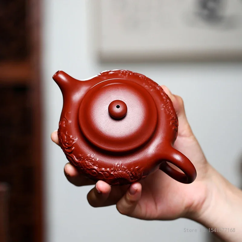 Chinese Style Dragon Patterned Teapots, Purple Clay Raw ore Dahongpao, Kung Fu Household, Handmade, 230ml Single Pot, New, 1Pc
