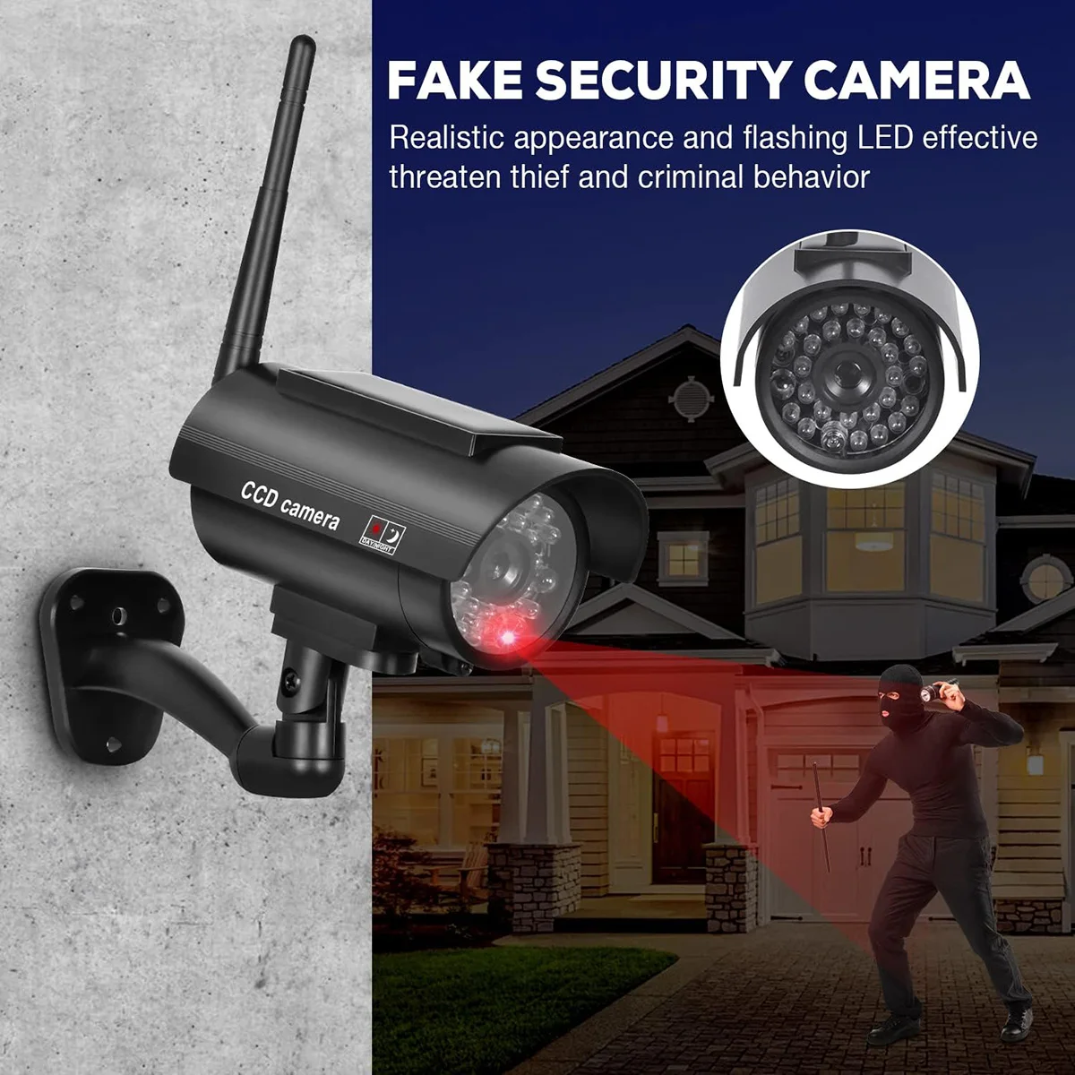Aumengear Solar Powered Fake Security Camera, Bullet Dummy Security Camera Simulated Surveillance System with Red Flashing Light 5