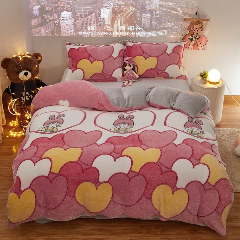 1pcs Winter Flannel Heart Duvet Cover 220x240 Soft Warm Coral Fleece
