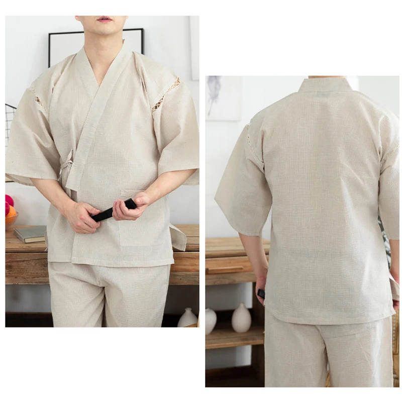 Men Summer Japanese Kimono Set Half Sleeve Shorts Suit Striped Solid Color Sleepwear Spa Sauna Bath Wear Korean Casual Pajamas