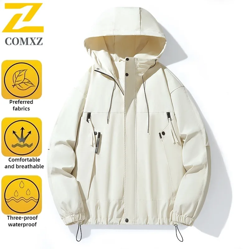 Men's Spring Solid Color Windbreaker Waterproof Hiking Jacket Outdoor Sports Loose Fit Hooded Workwear Fit Camping Fishing Coat
