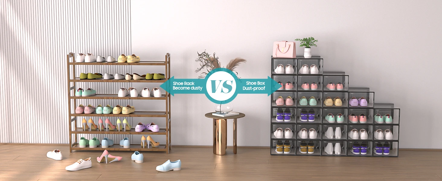 Description Picture 4 of itemNew Shoe Storage Boxes Organizers Clear Plastic Stackable 12 Pack, Shoe Rack & Holder Substitute, Sneaker Containers Black