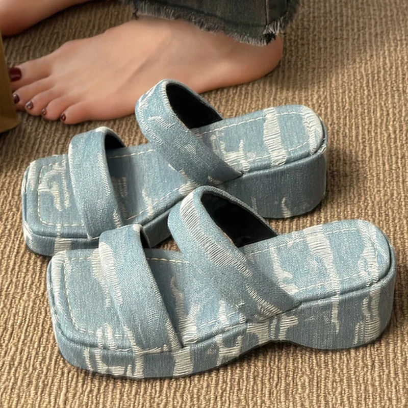 

Female Platform Slippers Summer Fashion Square Head Open Toe Sandals Korean Style Non-slip Walking Shoes Zapatillas De Mujer