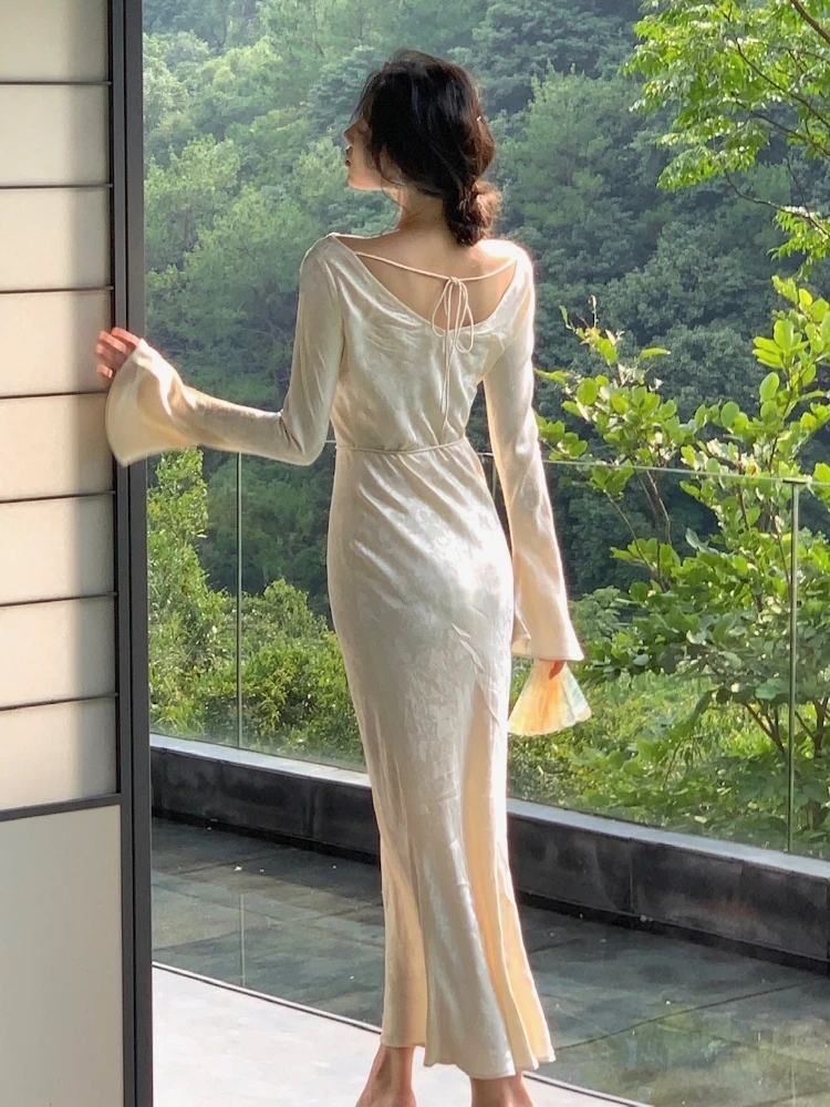 French Vintage Bodycon Evening Dresses for Women Autumn Wedding Prom Robe Flare Sleeve Swinging Collar Midi Vestidos Mujer New