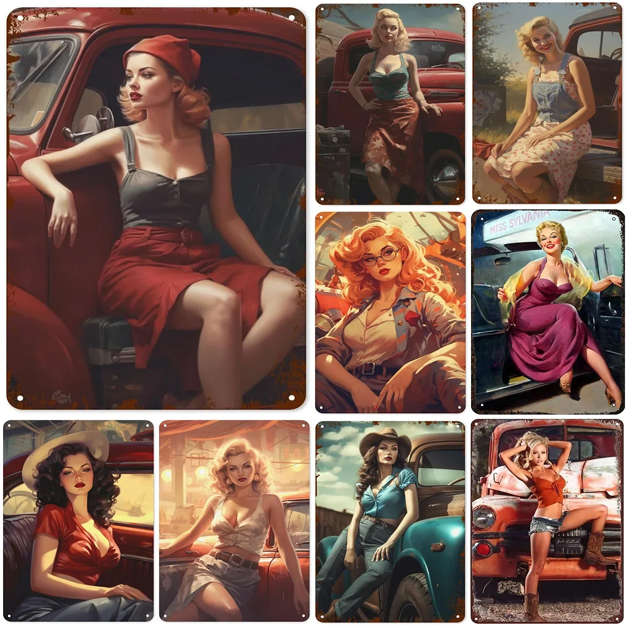 

Vintage Metal Signs Pinup Girls Car Poster Hot Woman Tin Signs Wall Art Decor Plaque for Home Bar Club Bathroom Man Cave Garage