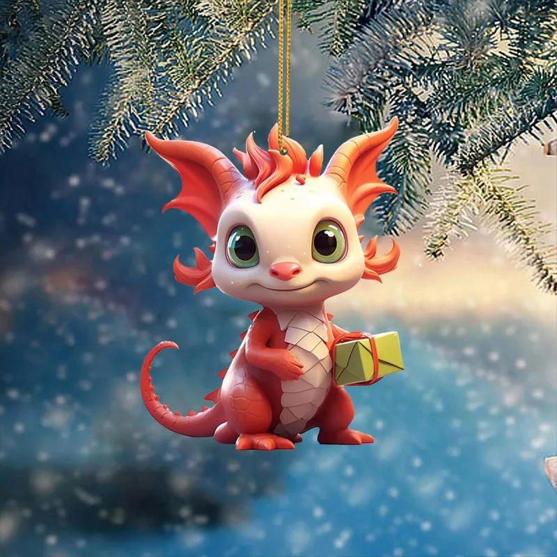 

2D PVC Christmas Tree Decorations Ornaments New Cartoon Dinosaur Figures Acrylic Cute Xmas Tree Decoration Pendant For Home Gif