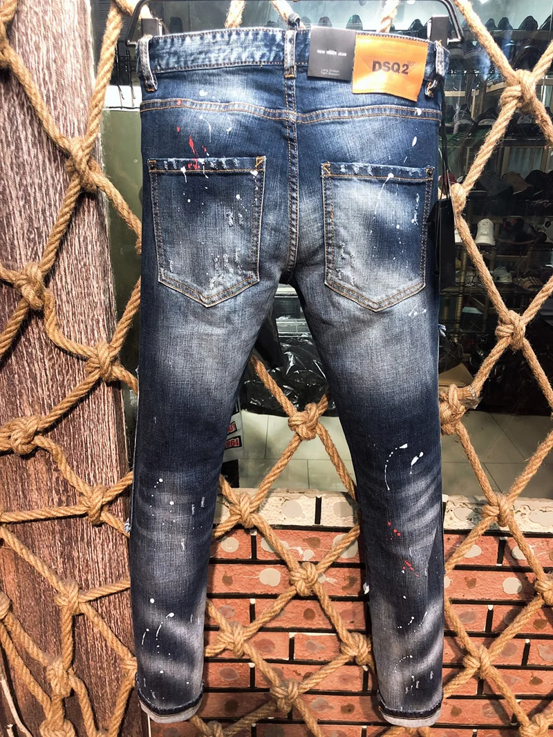 new design D2 Men Jeans Printed Coolguy Long Pants Straight Multiple Pockets Hole SLIM blue D2 embedded jeans pant 9608 2