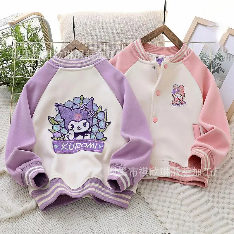 

Cartoon Kuromi My Melody Outerwear Cute Kids Warm Casual Sports Cardigan Autumn Girls Baseball Uniform Children's Clothing Gift