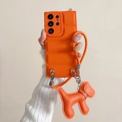 Adorable Cartoon Dog Down Jacket Lanyard Case with Wrist Strap Cover - Galaxy S23 Ultra (Orange)