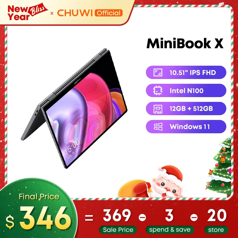 333.57€ 31% OFF|Chuwi minibook x laptop tablet 2 in 1 intel n100 10,51 zoll fhd ips bildschirm 12gb lpddr5 512g ssd windows 11 notebook 1200*1920