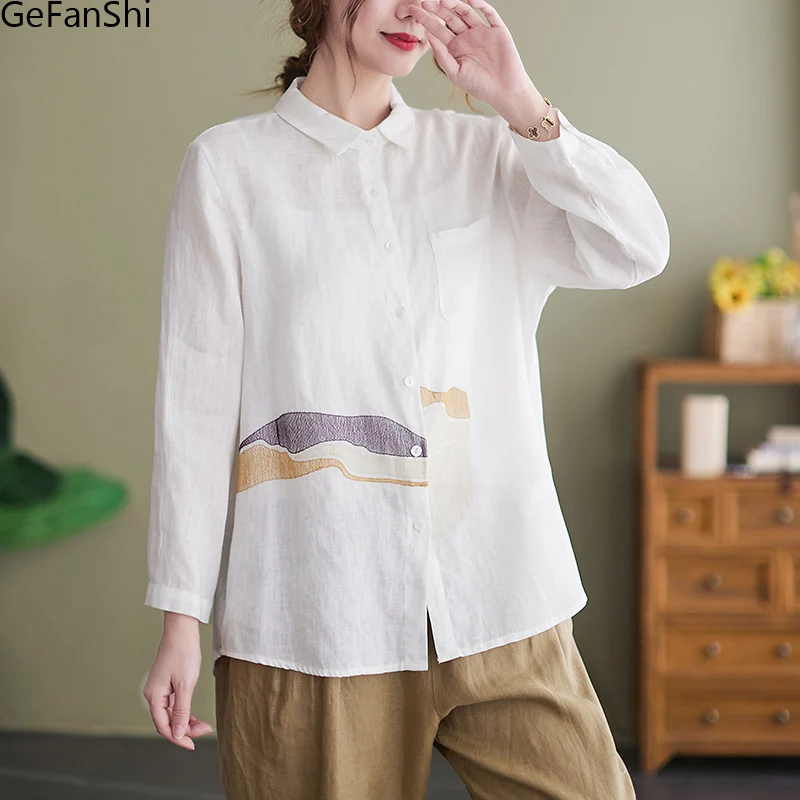 

Осенняя однотонная блузка с вышивкой 2023, рубашка с длинным рукавом, Офисная Женская Повседневная Свободная блузка, Элегантные Короткие топы, блузы