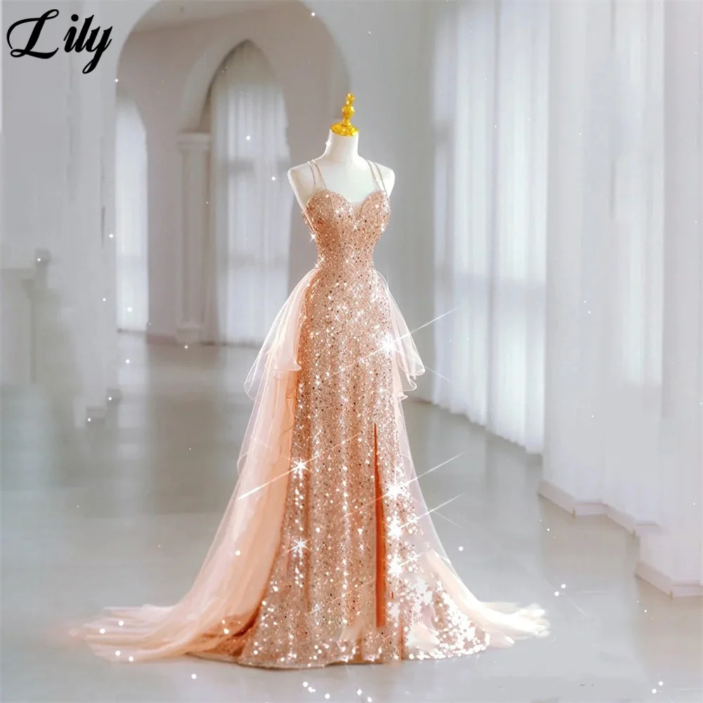 

Lily Rose Gold Sequin Evening Dresses Lace Up Back Charming Prom Dress Spaghetti Strap V Neck Party Dresses vestidos de noche