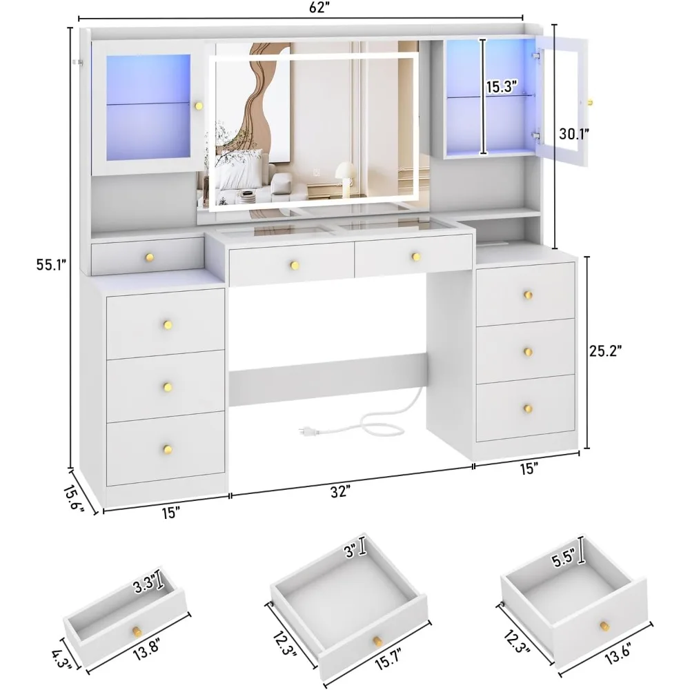 61.7" Large Vanity Desk with Mirror and Lights, Makeup Vanity with Charging Station, Sliding Drawers, 2 Cabinets with Glass Door 2