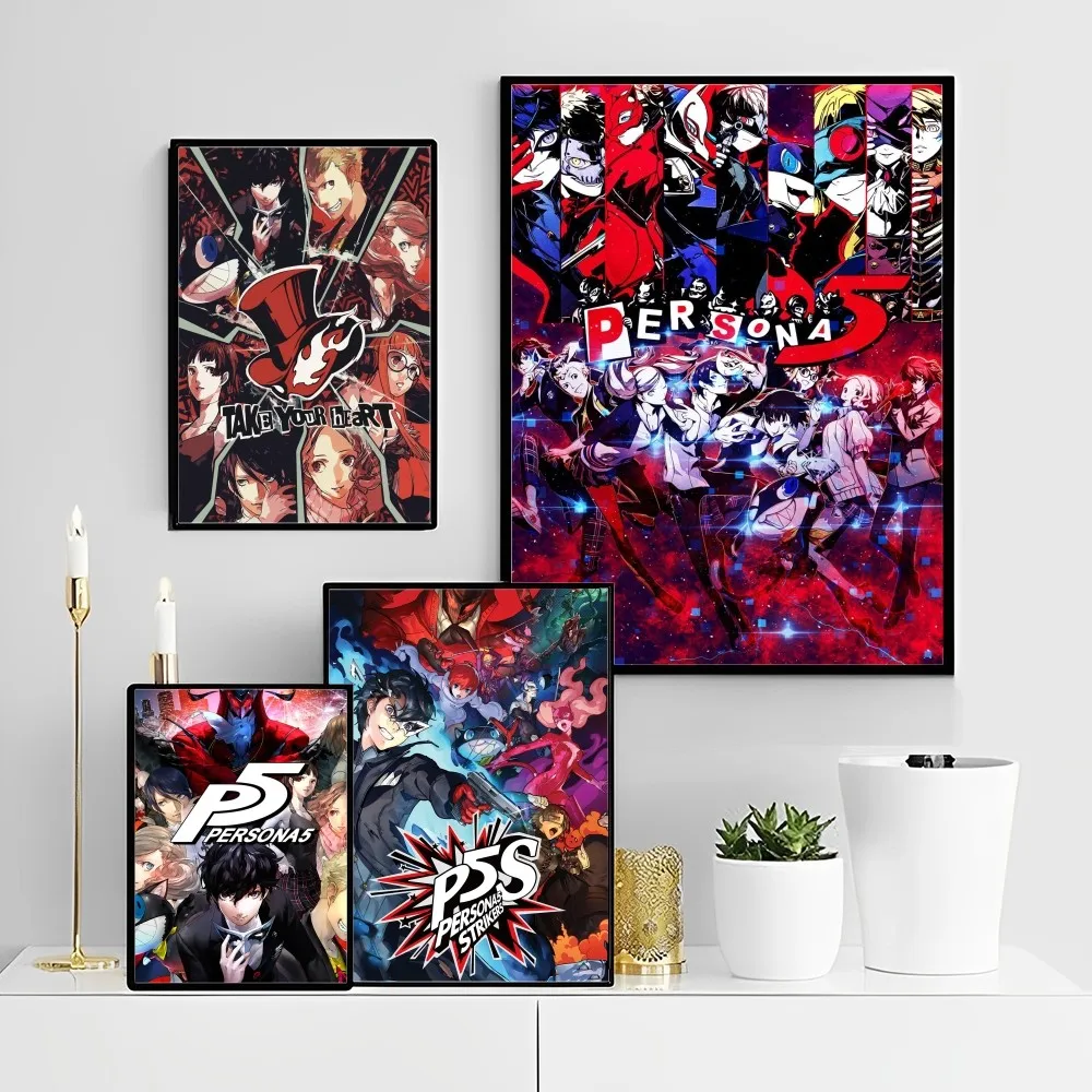 

Hot Video Game Persona 5 Poster Self-adhesive Art Poster Retro Kraft Paper Sticker DIY Room Bar Cafe Vintage Decorative