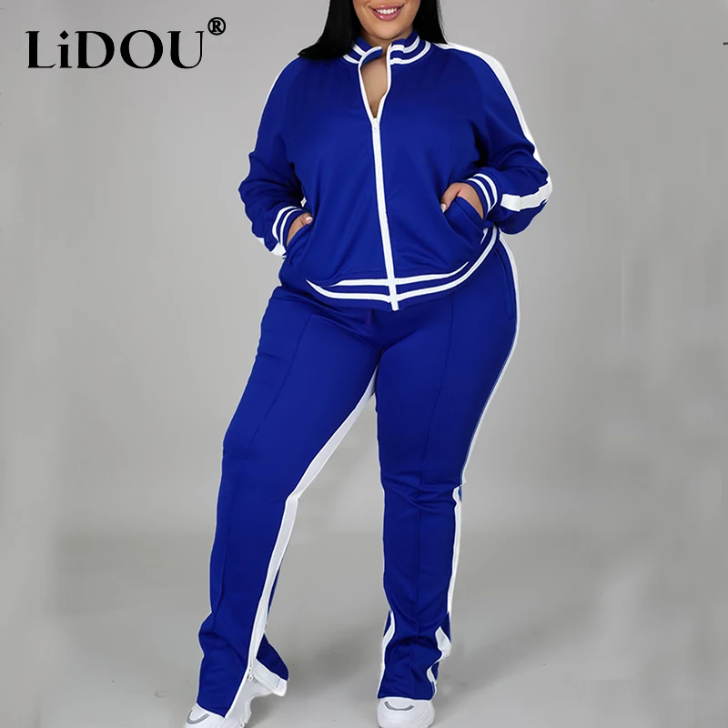 

Spring Autumn Fashion Trend Plus Size Two Piece Set Women Sportswear Solid Oversized Sweatsuit Women Zip Striped Slit Sweatpants
