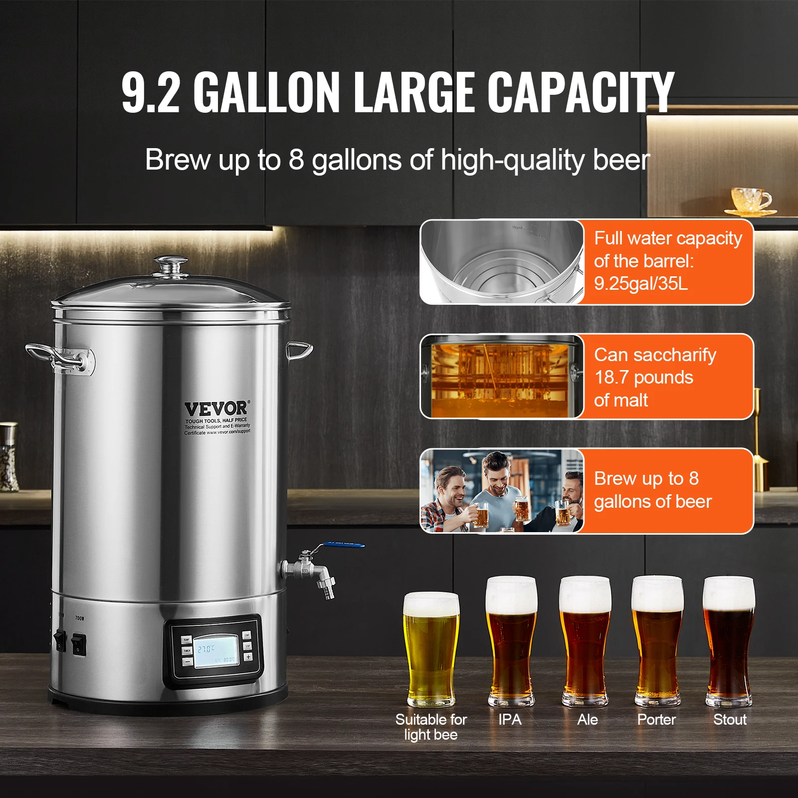 VEVOR Electric Brewing System, 8GAL Brewing Stock Pot, All-in-One Home Beer Brewer, 304 Stainless Steel Brewing Supplies w/Panel 6