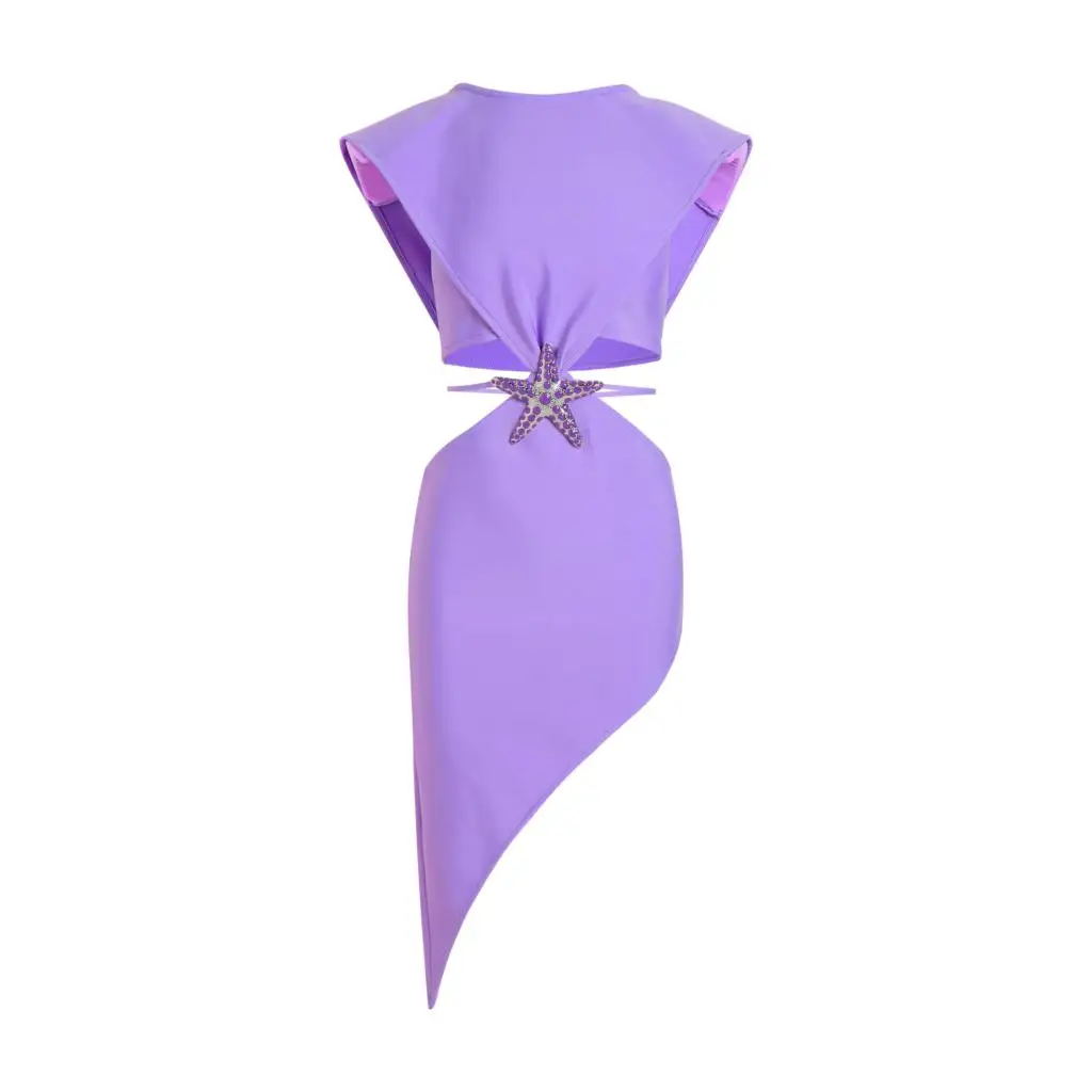 

Purple Women Sexy Sleeveless Hollow Out Waist Bodycon Midi Bandage Fashion Cut Out Dress Diamond Seastar Nightclub Party Outfit
