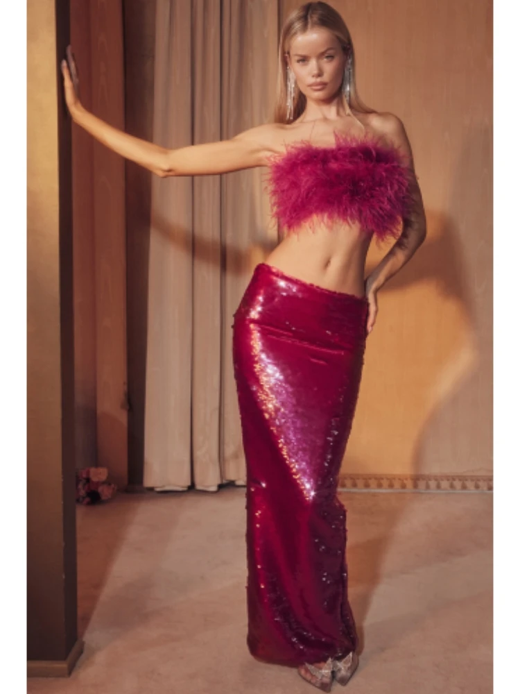 

Женский пикантный комплект из двух предметов, топ без рукавов с перьями и юбка с блестками, ярко-розовый костюм с открытыми плечами и перьями для ночного клуба