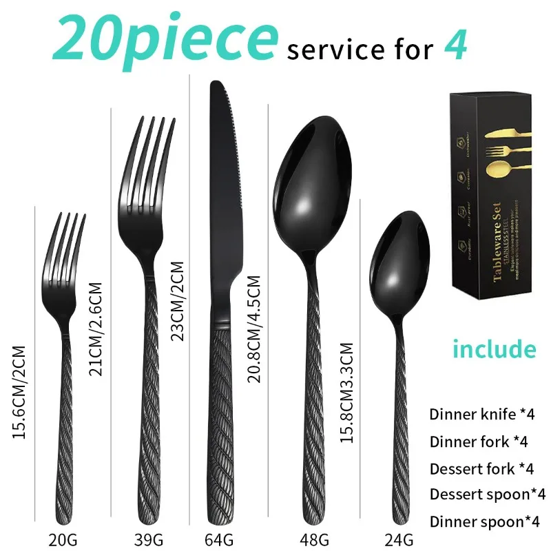 410 Stainless Steel Tableware Knife Fork Spoon Set with Hemp Rope Pattern Western Style 4-person Cutlery Set
