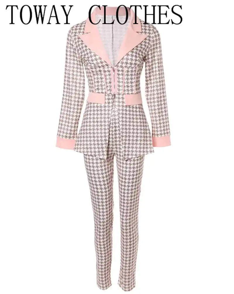 Houndstooth print long sleeve corset blazer coat & pants set Clearance