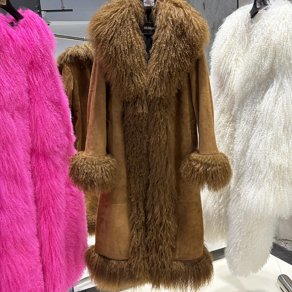 YOLOAgain Real Mongolia Sheep Fur Jacket Long Dark Brown Suede