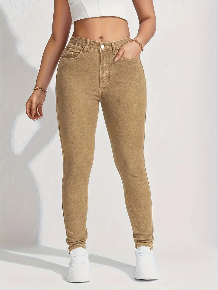 Women Khaki Mid Waist Stretchable Ankle Length Jeans