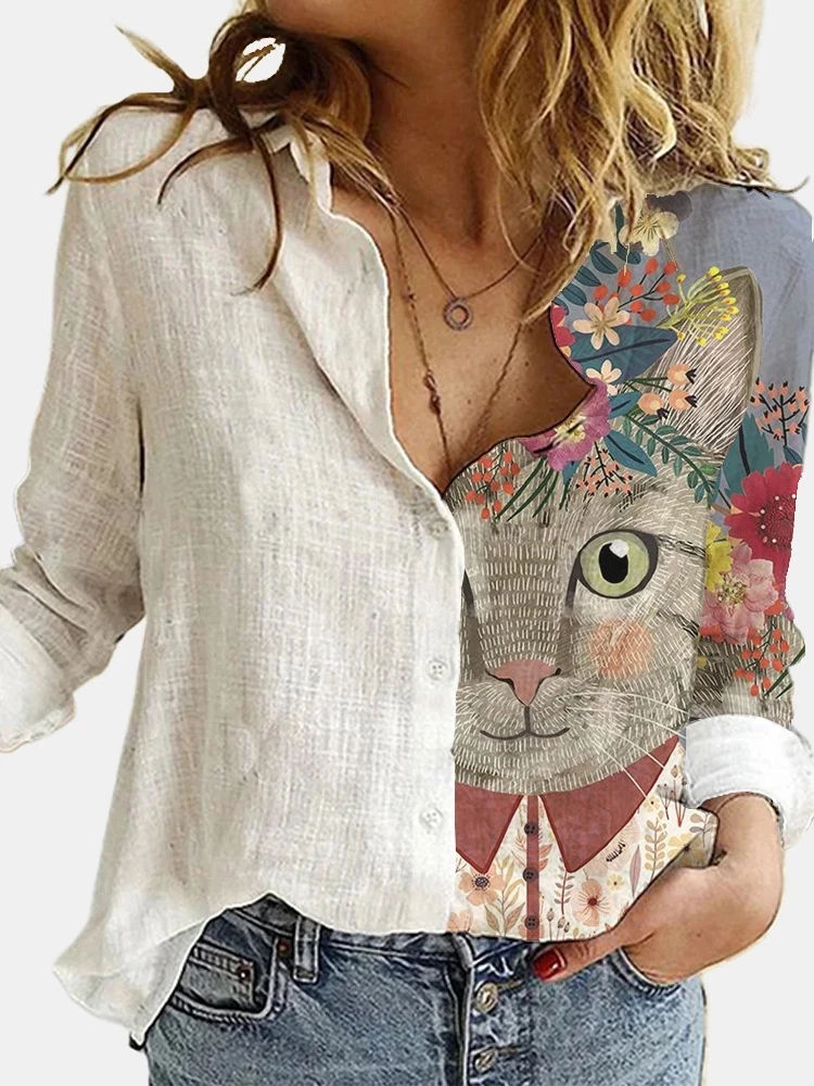 

New Retro Face Print Blouse Shirt Women Fashion Long Sleeve Shirts Autumn Lapel Button Casual Top Lady Shirts